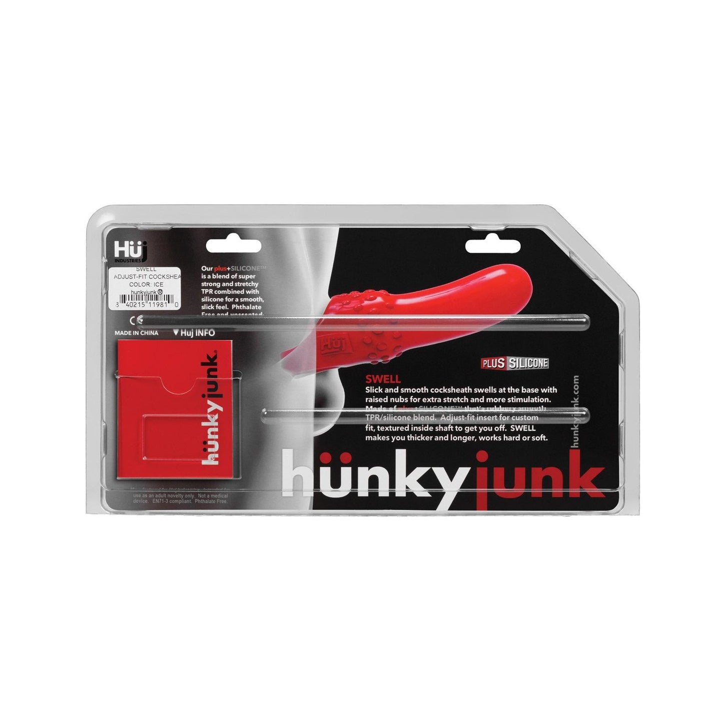 Adams Toy Box presents the Hunky Junk Swell Adjust Fit Cocksheath, a red silicone toy with a swell design made from premium plus+silicone. The black and red packaging highlights its innovative features with concise English product details, emphasizing quality.