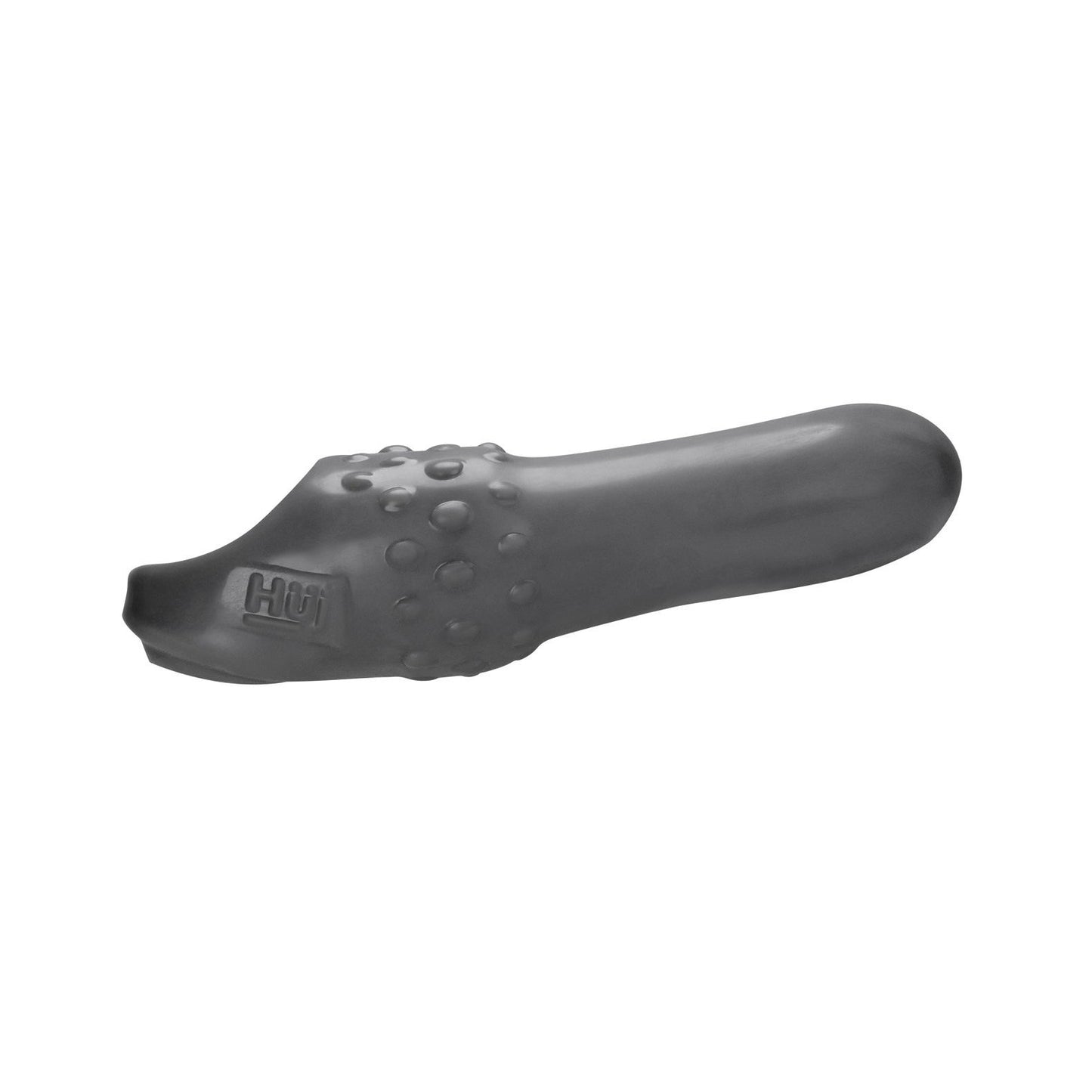 The Hunky Junk Swell Adjust Fit Cocksheath by Adams Toy Box is a black rubber finger cover, featuring a textured, dotted design and an open end, made with plus+silicone material for protection or enhanced grip.