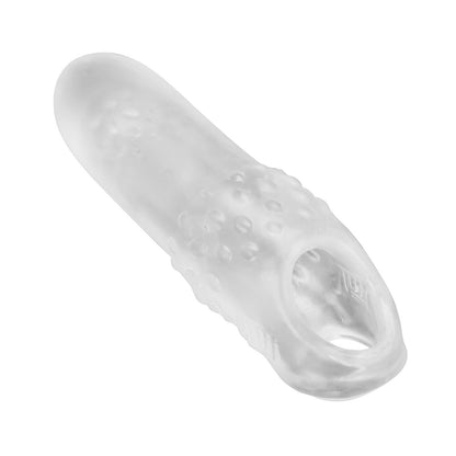 The Hunky Junk Swell Adjust Fit Cocksheath by Adams Toy Box is a transparent, textured finger sleeve made with plus+silicone material and features small raised dots.