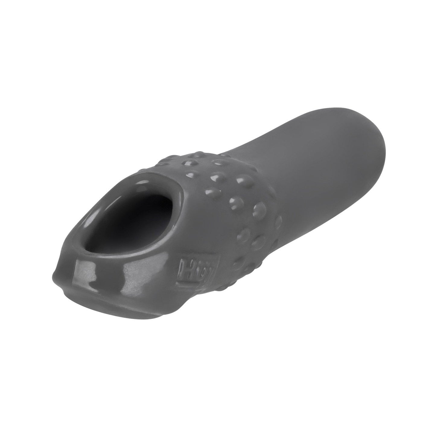 The Hunky Junk Swell Adjust Fit Cocksheath from Adams Toy Box is crafted from plus+silicone material, featuring a textured surface and a wide end opening to fit over the finger, providing enhanced grip or protection.
