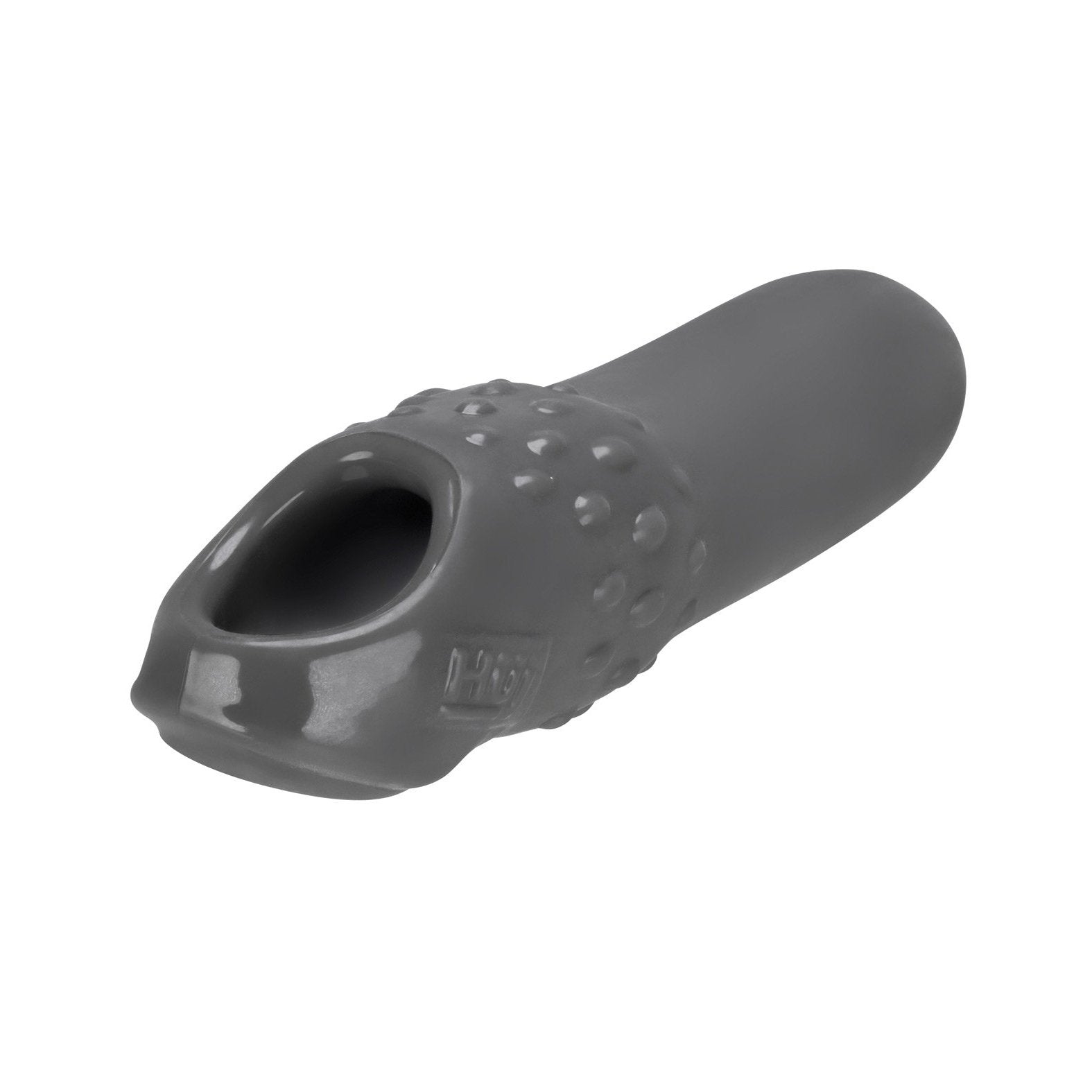 The Hunky Junk Swell Adjust Fit Cocksheath from Adams Toy Box is crafted from plus+silicone material, featuring a textured surface and a wide end opening to fit over the finger, providing enhanced grip or protection.