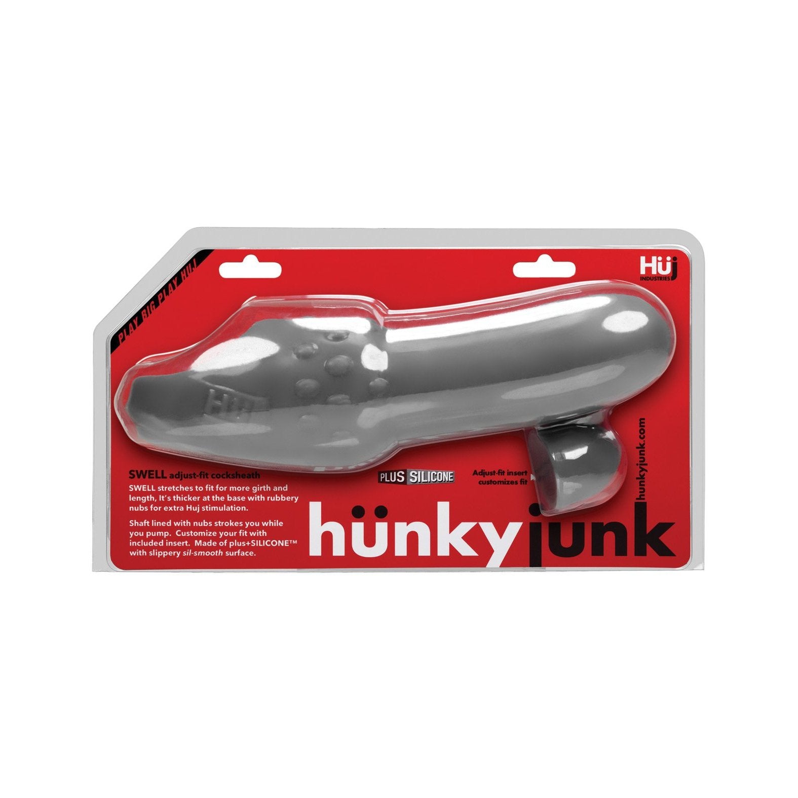 Adams Toy Box presents the Hunky Junk Swell Adjust Fit Cocksheath, featuring a gray, elongated design with textured detailing on vibrant red packaging, highlighting its innovative plus+silicone material and unique features.