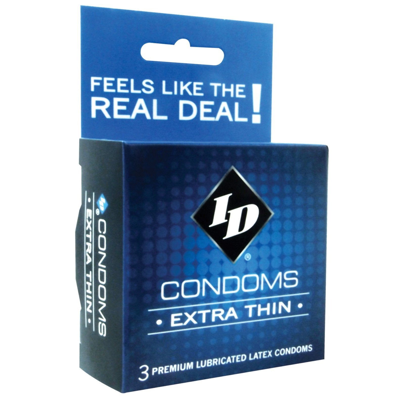 The ID Extra Thin Condoms are packaged in a blue box with Feels like the real deal! on top and contain three premium lubricated latex condoms.