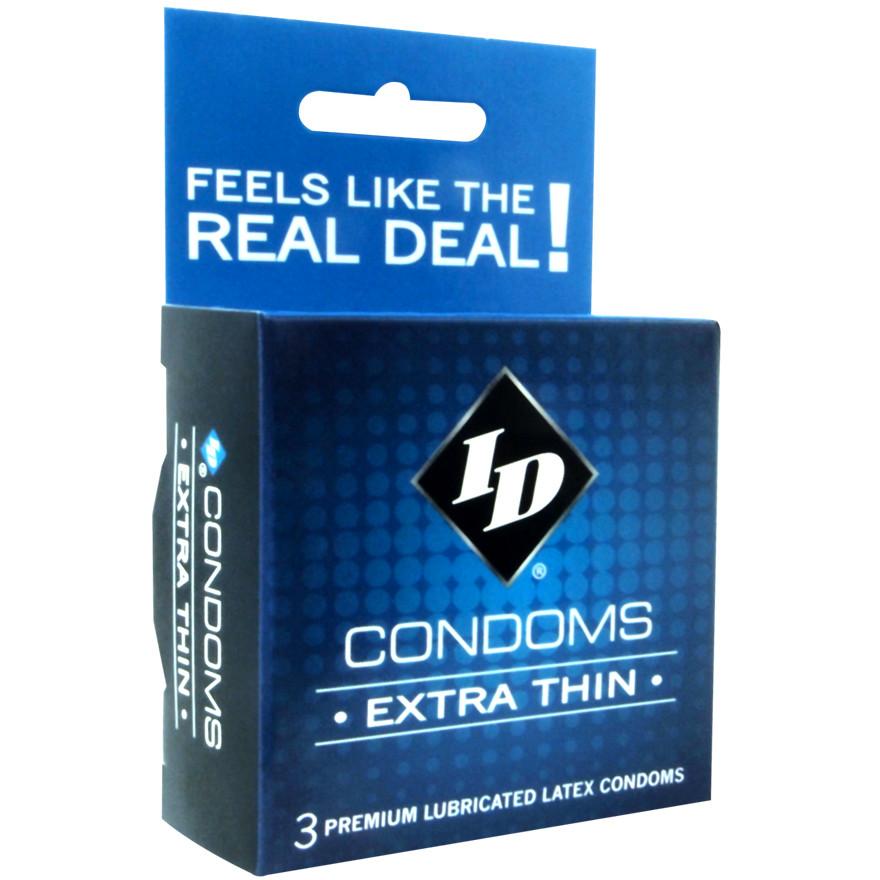 A blue box of ID Extra Thin Condoms displays the logo and reads Feels like the real deal! alongside 3 premium extra thin, lubed condoms.