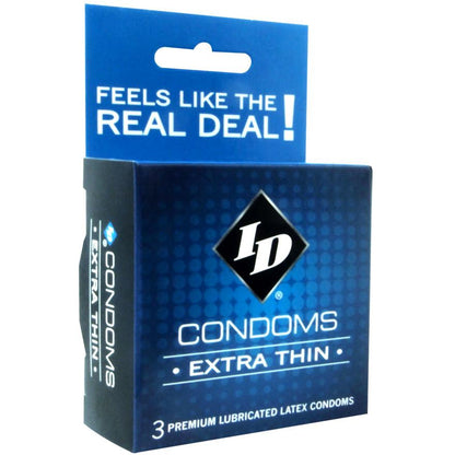 A blue box of ID Extra Thin Condoms displays the logo and reads Feels like the real deal! alongside 3 premium extra thin, lubed condoms.