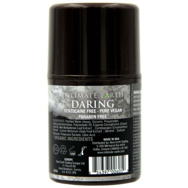 The image displays Intimate Earth Daring Anal Spray for Men, a non-numbing anal spray thats benzocaine-free and vegan. It comes in a sleek cylindrical container with a dark label showcasing white text, emphasizing its paraben-free nature and featuring its ingredients and manufacturer details.