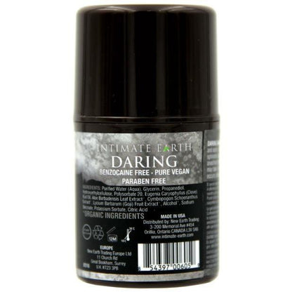 The image displays Intimate Earth Daring Anal Spray for Men, a non-numbing anal spray thats benzocaine-free and vegan. It comes in a sleek cylindrical container with a dark label showcasing white text, emphasizing its paraben-free nature and featuring its ingredients and manufacturer details.