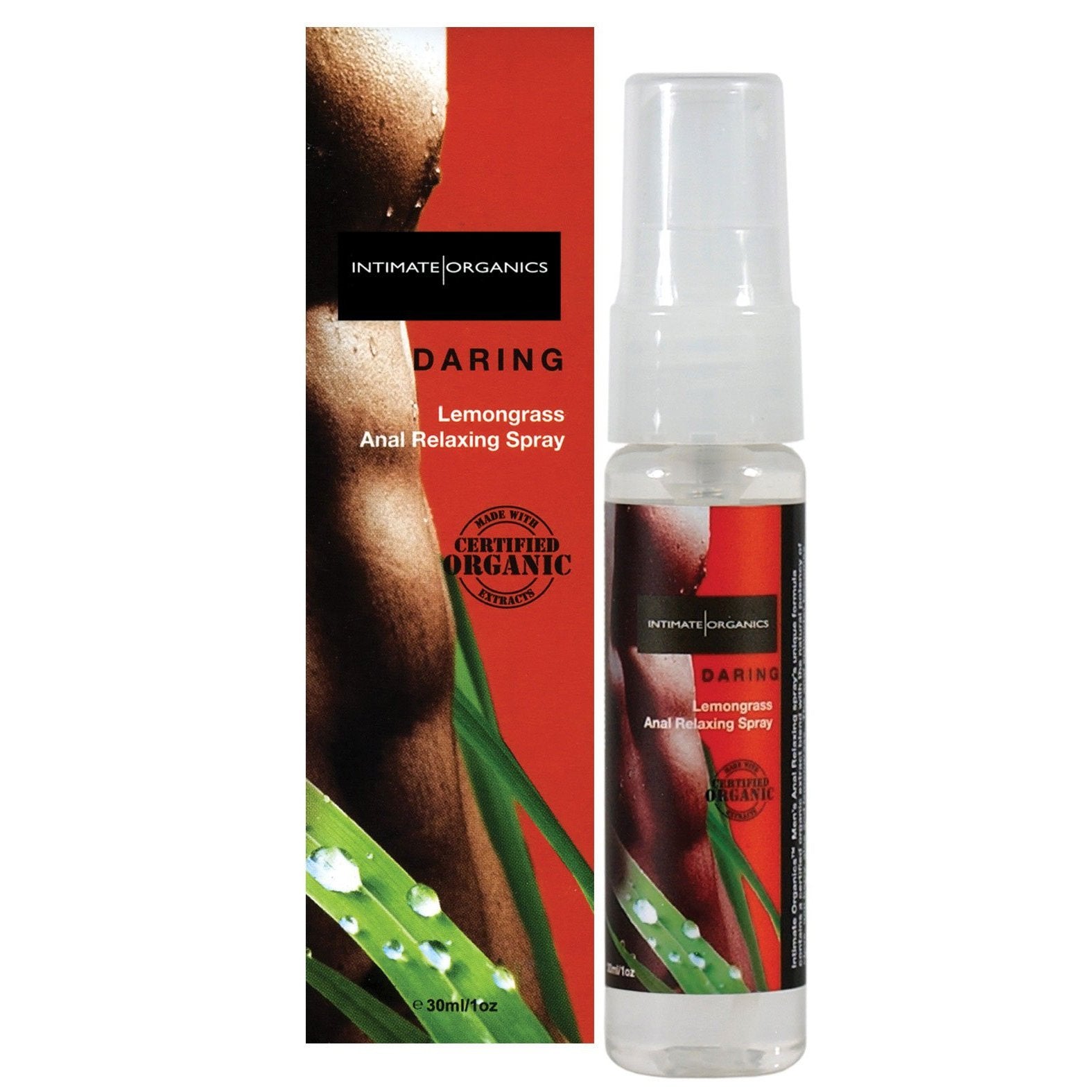 In front of its packaging box is a spray bottle labeled Intimate Earth Daring Anal Spray for Men. The box showcases a muscular torso with green leaves and water droplets, highlighting the products refreshing essence.