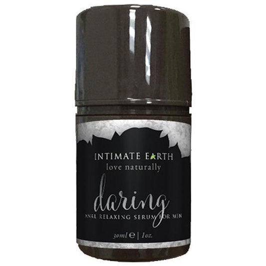 The 30 ml or 1 oz Intimate Earth Daring Anal Spray for Men features a non-numbing, organic formula. It comes in a small bottle with a black cap and label, providing gentle anal relaxation for men.