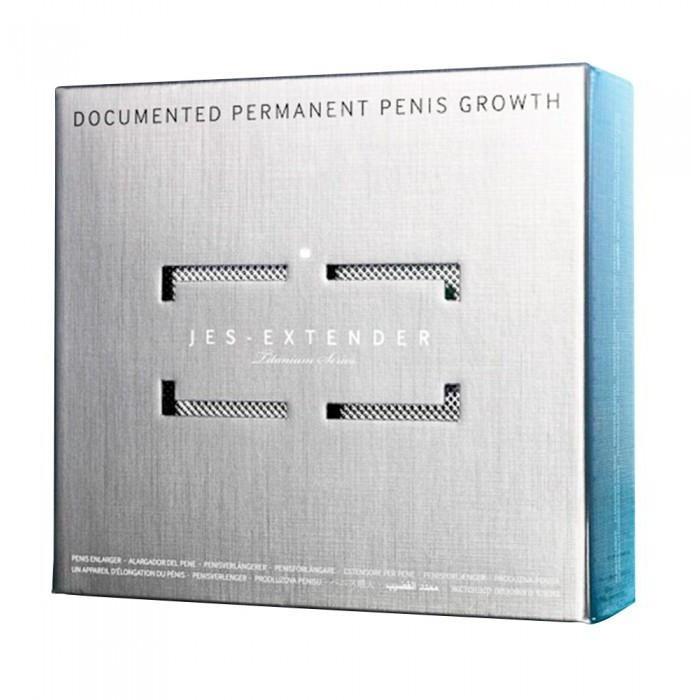 Box of the Jes Extender Titanium Penis Enlarger Kit by Jes, a non-surgical penis enlargement method, showcases Documented Permanent Penis Growth and Jes Extender in a sleek silver and blue design.