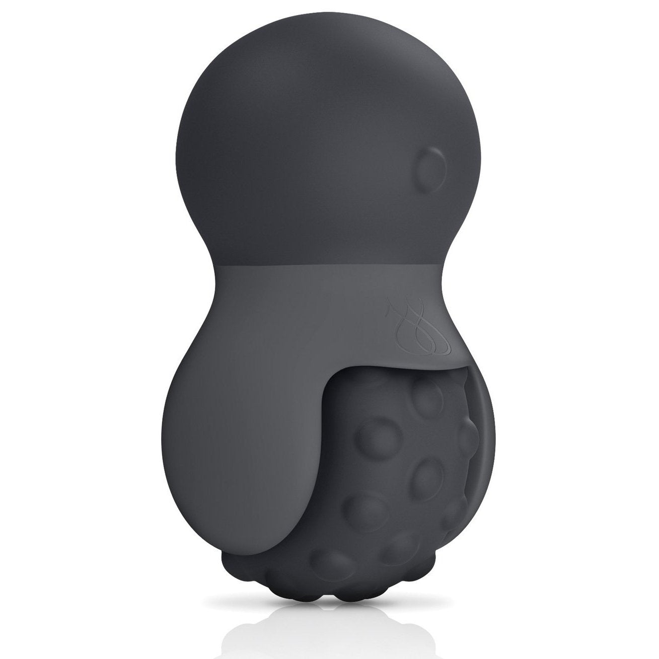 The Jimmyjane Evoke Rol-o in black is a dark gray, compact object with a smooth top and bumpy bottom, featuring a soft matte finish. Its designed as a massage tool or hand grip accessory.