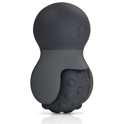 The Jimmyjane Evoke Rol-o in black is a dark gray, compact object with a smooth top and bumpy bottom, featuring a soft matte finish. Its designed as a massage tool or hand grip accessory.