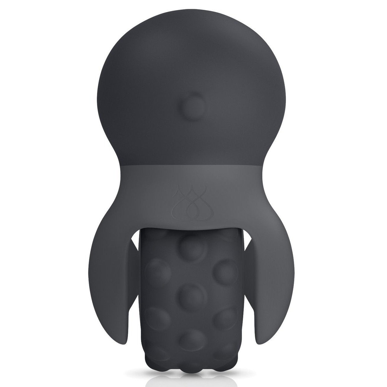 The Jimmyjane Evoke Rol-o - Black is a compact, rubberized, rocket-shaped vibrating massager by Jimmyjane with a round top, fin-like sides, and a dotted texture for grip, perfect for enhancing sensual massage experiences.