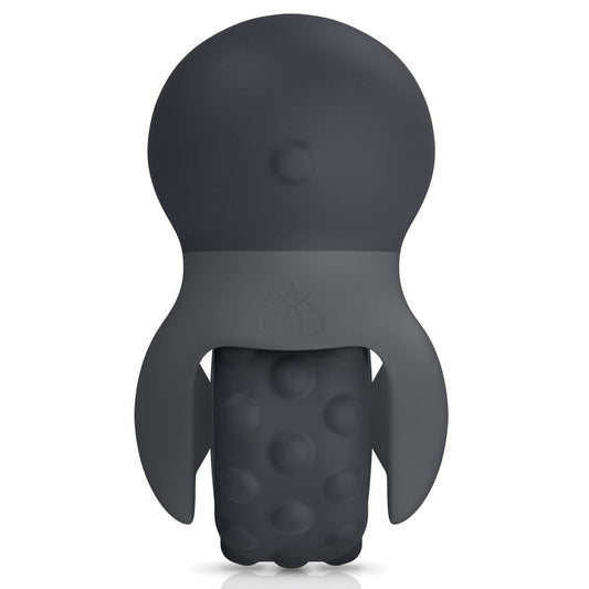 The Jimmyjane Evoke Rol-o - Black is a compact, rubberized, rocket-shaped vibrating massager by Jimmyjane with a round top, fin-like sides, and a dotted texture for grip, perfect for enhancing sensual massage experiences.