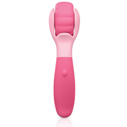 Introducing the Jimmyjane Evoke Sol-o, a pink massager from Jimmyjane. It features a vibrating, rotating head, textured design, and ergonomic handle. Made from high-quality silicone and waterproof for versatile use, its perfect for ultimate personal care and relaxation.