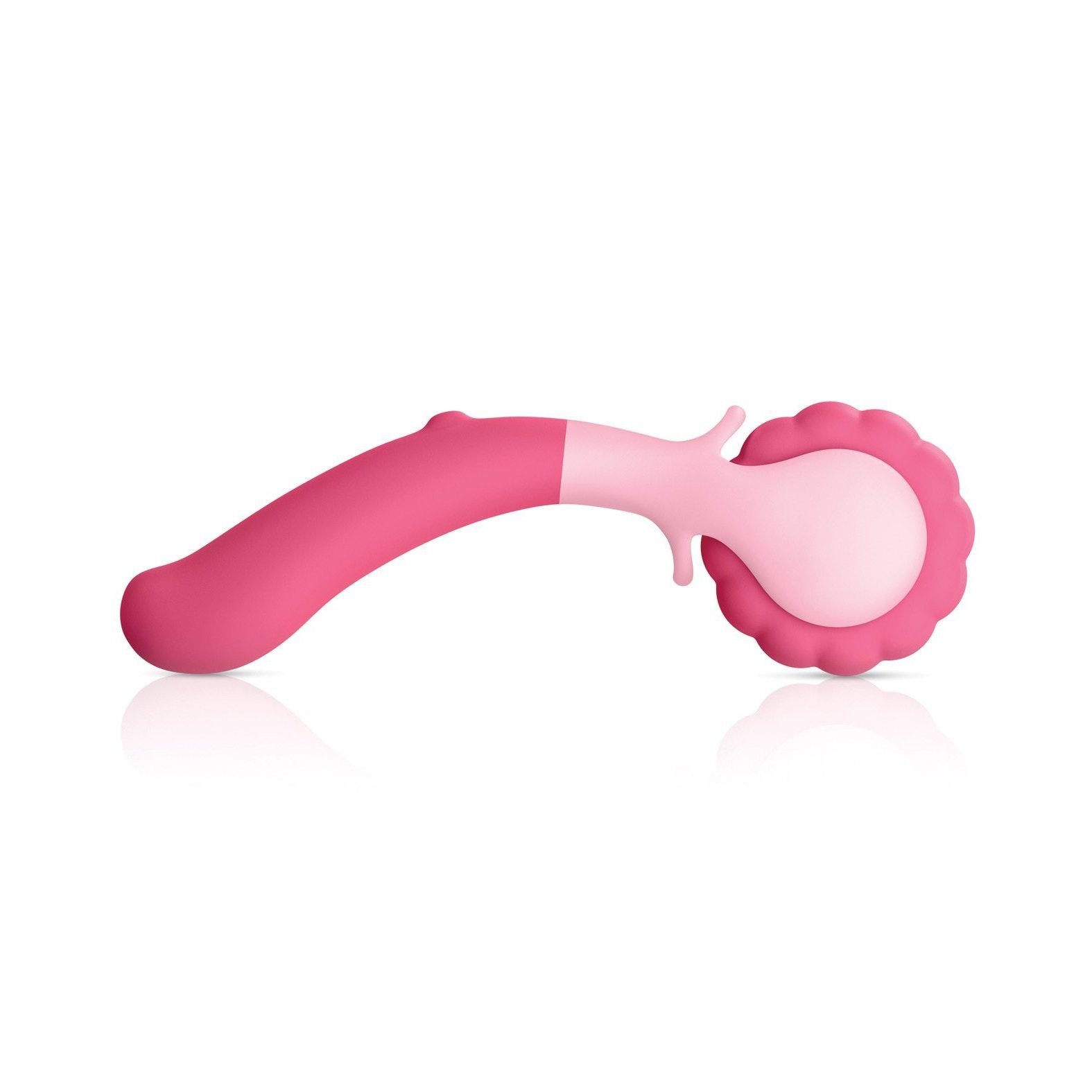 The Jimmyjane Evoke Sol-o Pink massager by Jimmyjane features a pink silicone body with a flower-like textured head and curved handle, offering smooth, comfortable use. Its waterproof, making it ideal for soothing relaxation.