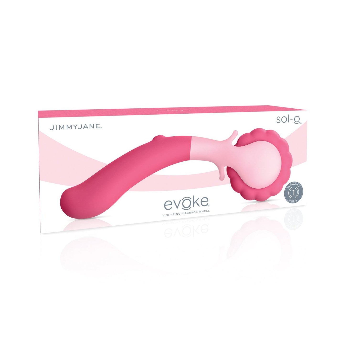 The Jimmyjane Evoke Sol-o - Pink massager is presented in a sleek white box with pink accents, featuring a vibrant image that highlights its allure as a versatile vibrating massager.