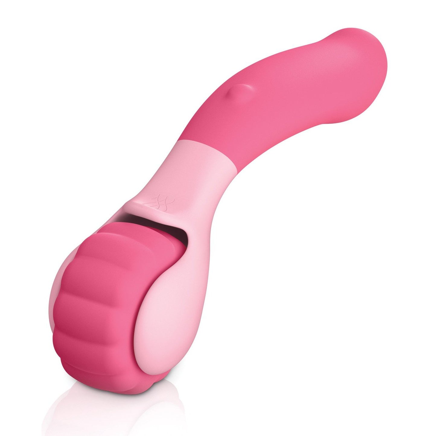 The Jimmyjane Evoke Sol-o is a pink handheld silicone massager featuring a curved handle and large ribbed roller, designed for easy grip and use.