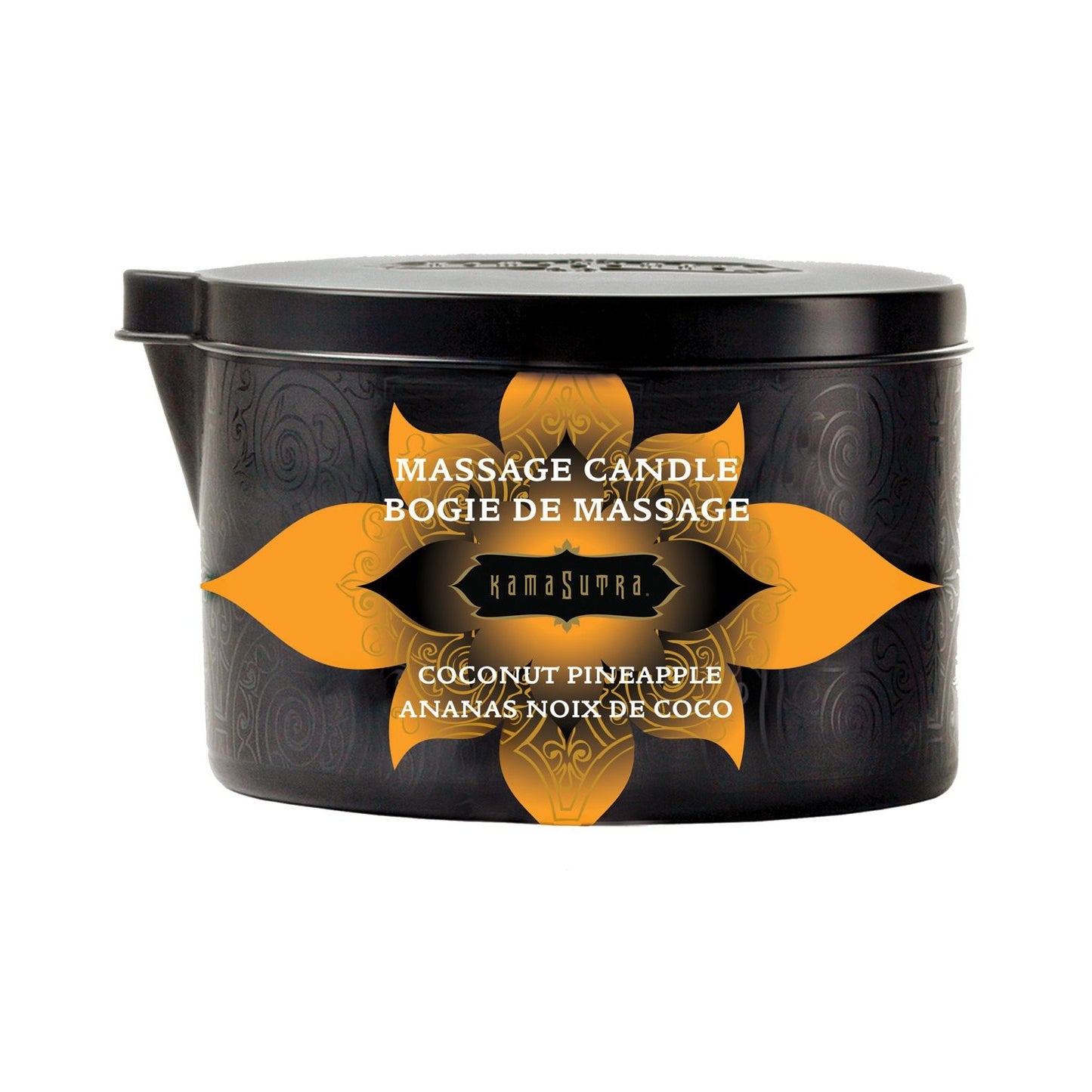 The black Kama Sutra Ignite Massage Candle, featuring an orange and black floral pattern, labeled Coconut Pineapple, offers a sensual massage experience. With its convenient spout, it promises an indulgent encounter.
