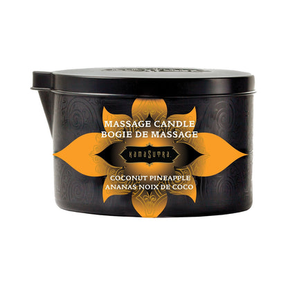 The black Kama Sutra Ignite Massage Candle, featuring an orange and black floral pattern, labeled Coconut Pineapple, offers a sensual massage experience. With its convenient spout, it promises an indulgent encounter.