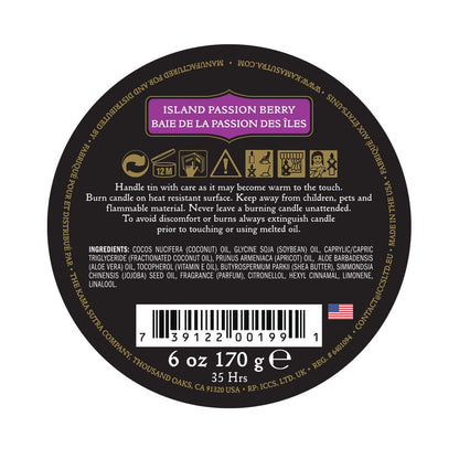 The Kama Sutra Ignite Massage Candle Coconut Pineapple by Karma Sutra offers a moisturizing formula in a round tin. It may warm up upon use, with coconut oil and plant extracts enhancing the experience. Enjoy its 35-hour burn time in a relaxing pink and black design.