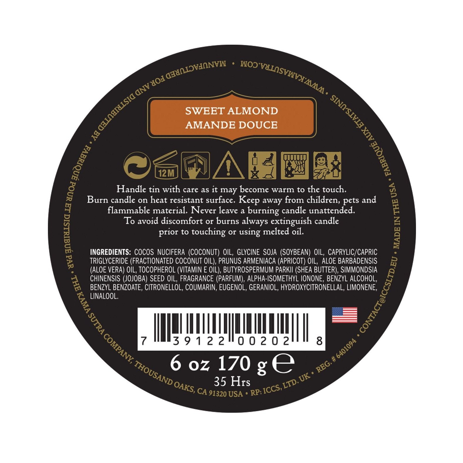 A circular candle tin label for Coconut Pineapple by Kama Sutra, in English and French. It features a moisturizing formula for sensual massage, with handling warnings, a barcode, ingredient list, Made in USA mark, and net weight of 6 oz (170 g).