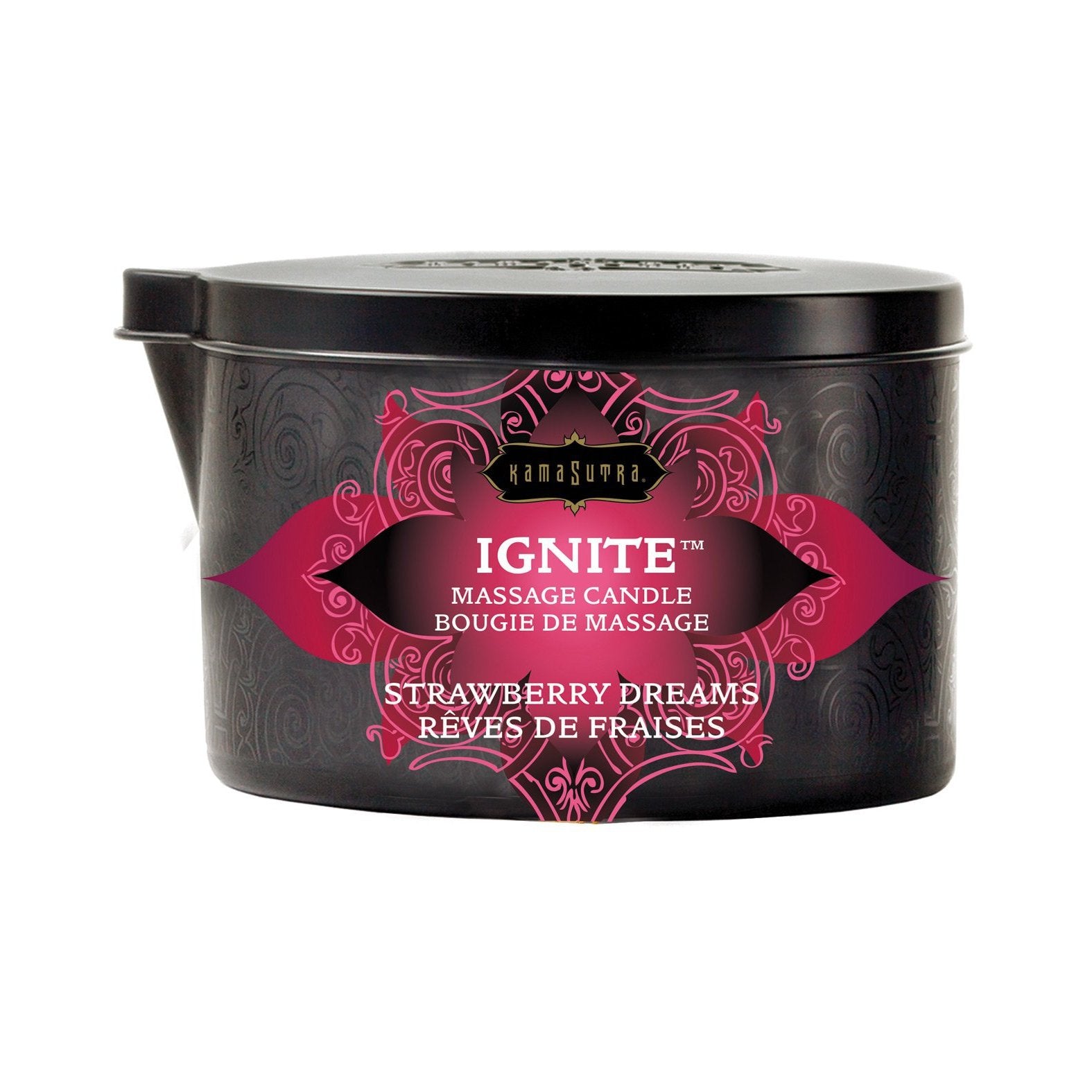 A black tin with a pink label, adorned with ornate designs, reads Kama Sutra Ignite Massage Candle, Coconut Pineapple. This sensual candle offers a moisturizing formula for an unforgettable bougie de massage experience.
