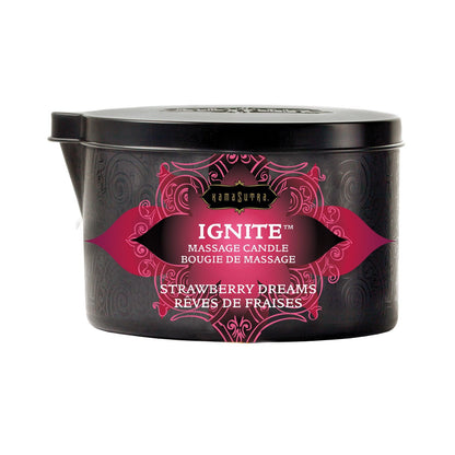 A black tin with a pink label, adorned with ornate designs, reads Kama Sutra Ignite Massage Candle, Coconut Pineapple. This sensual candle offers a moisturizing formula for an unforgettable bougie de massage experience.