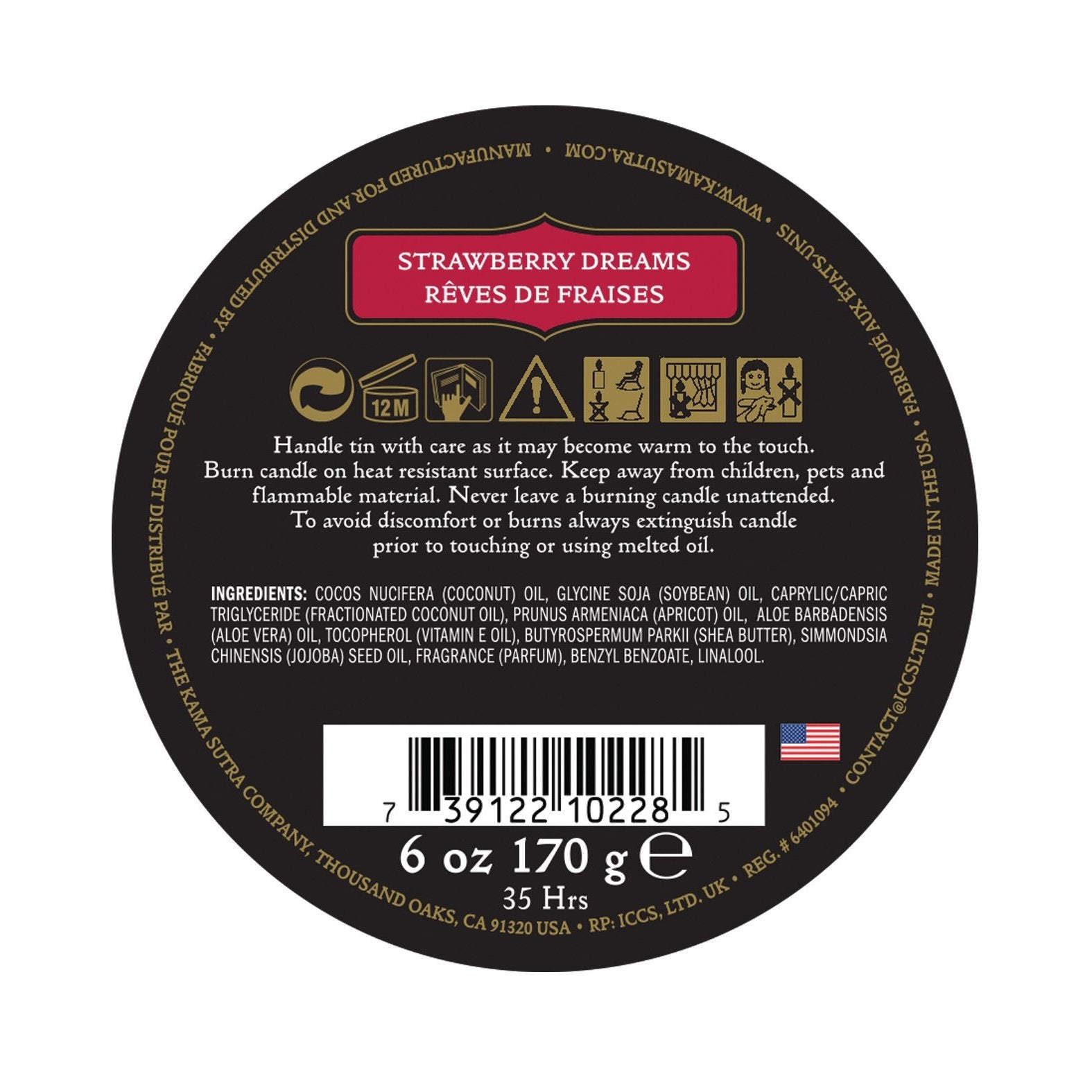 A round label for the 6 oz Kama Sutra Ignite Massage Candle Coconut Pineapple includes instructions and ingredients in English and French. This moisturizing formula offers a 35-hour burn time. Safety and usage icons are displayed, along with a barcode.
