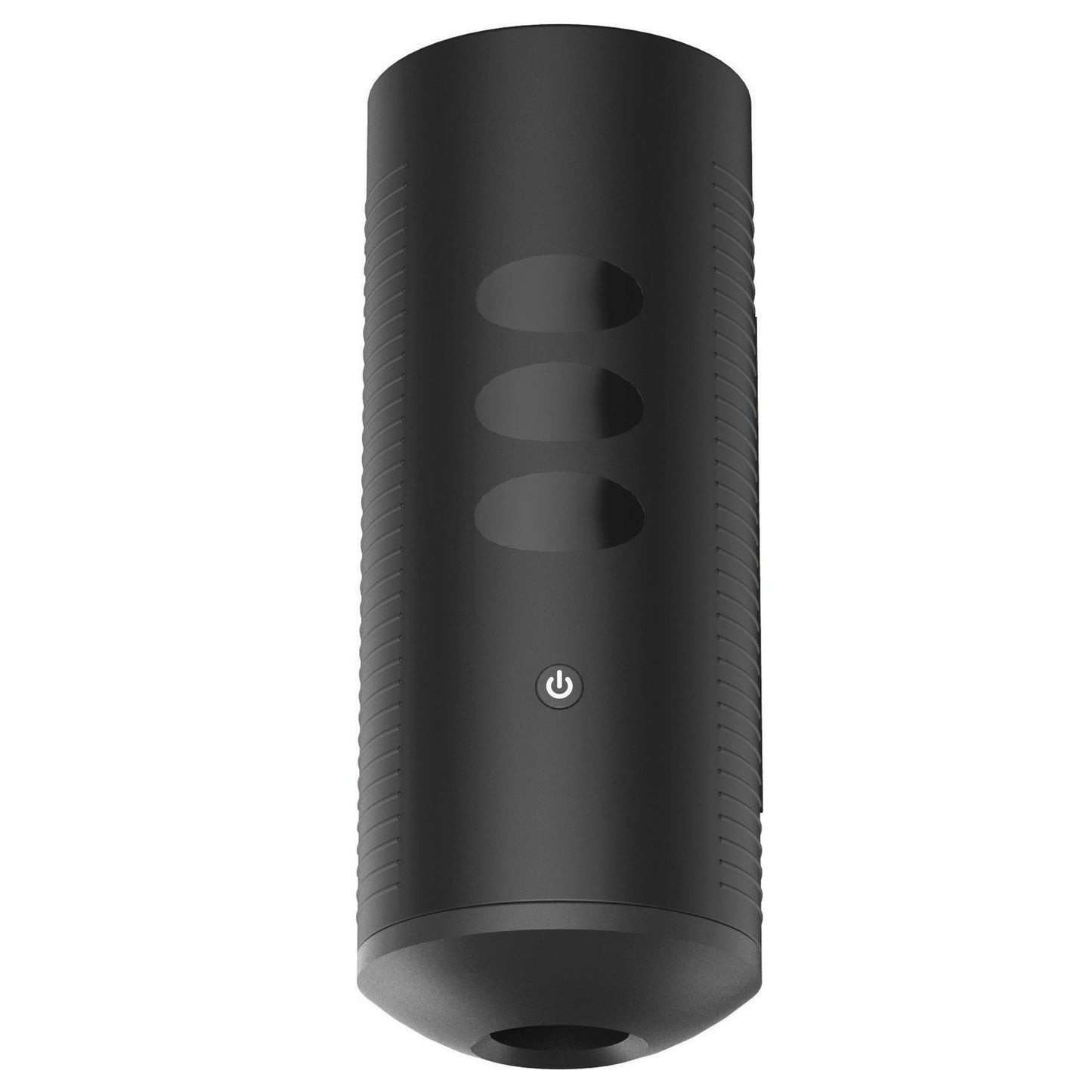 The Kiiroo Titan Interactive Vibrating Stroker by Kiiro is a black cylindrical device featuring an ergonomic design, a front power button with three ovals above it, and ribbed sides for better grip.