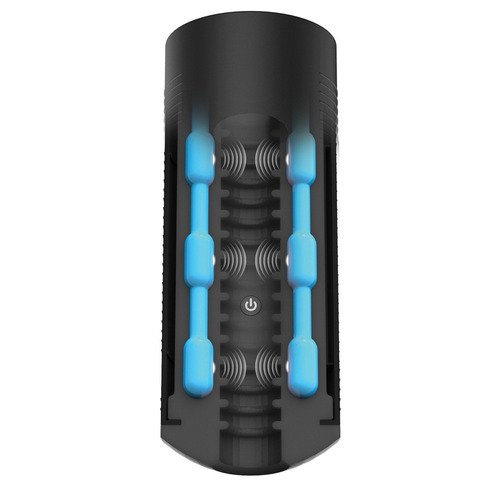 Close-up of the Kiiroo Titan Interactive Vibrating Stroker, a cylindrical device with an ergonomic black design and a transparent section showing blue components. Its central power button icon emphasizes smart technology integration.