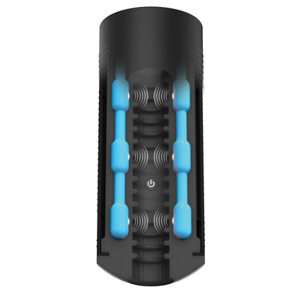 Close-up of the Kiiroo Titan Interactive Vibrating Stroker, a cylindrical device with an ergonomic black design and a transparent section showing blue components. Its central power button icon emphasizes smart technology integration.