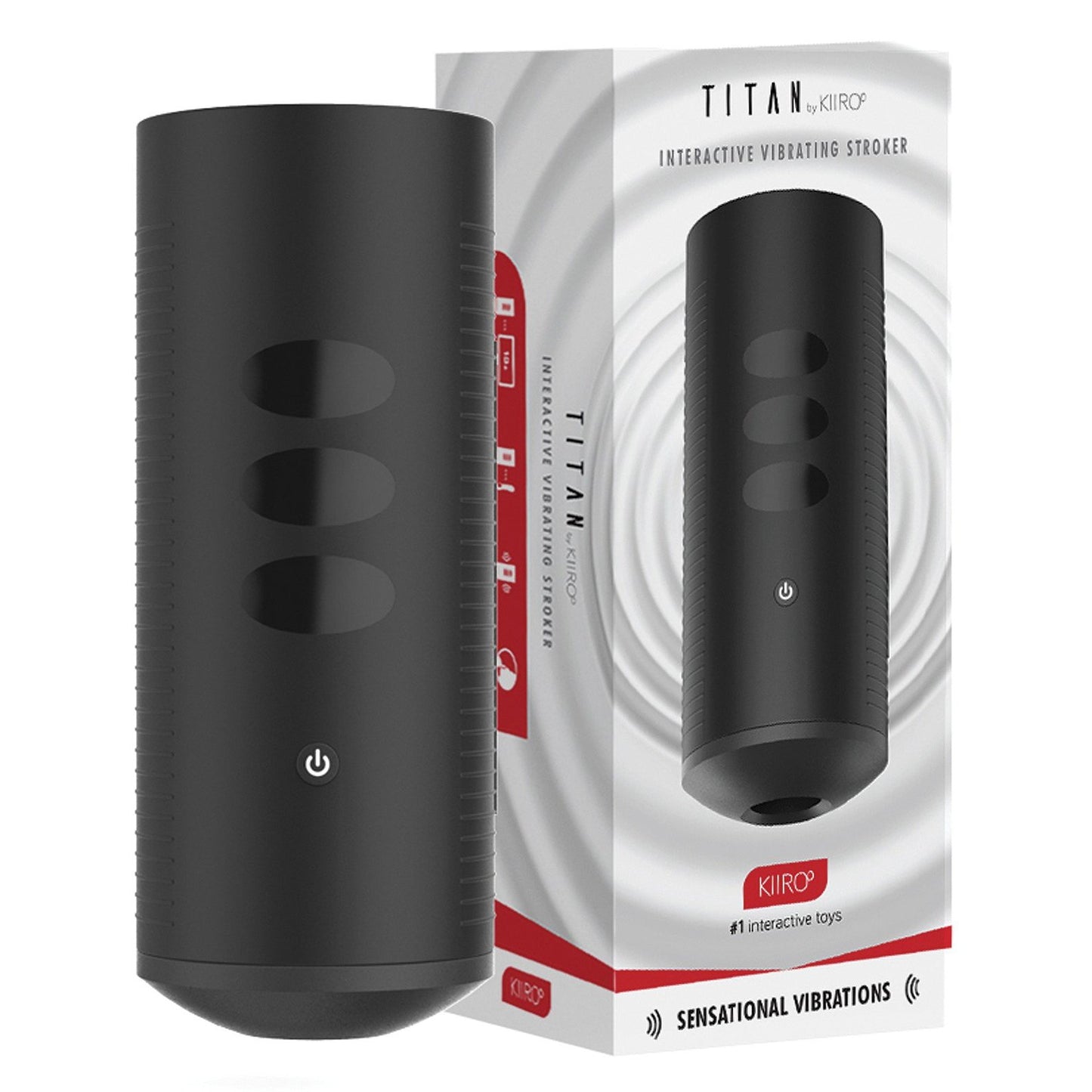 A black cylindrical electronic device, the Kiiroo Titan Interactive Vibrating Stroker, features side buttons and sits beside its ergonomically designed box. The packaging highlights smart technology under the Titan by Kiiro branding.