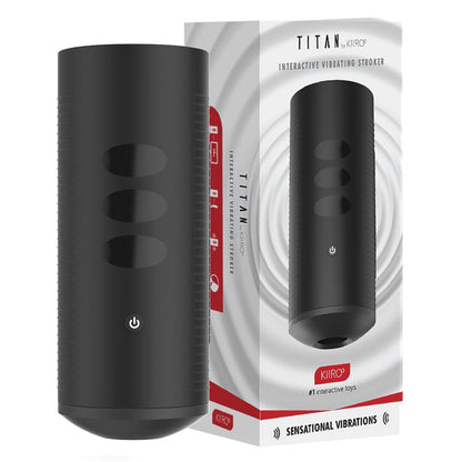 A black cylindrical electronic device, the Kiiroo Titan Interactive Vibrating Stroker, features side buttons and sits beside its ergonomically designed box. The packaging highlights smart technology under the Titan by Kiiro branding.