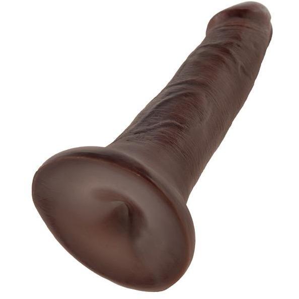 Introducing the Pipedream King Cock 5 Cock: a life-like, dark brown silicone toy with realistic veined texture and a secure suction cup base for hands-free fun.
