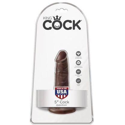 The packaging for the Pipedream King Cock 5 features a realistic brown dildo with lifelike details and a suction cup base, proudly labeled as made in the USA.