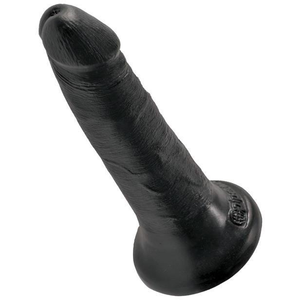 The Pipedream King Cock 5 features a black silicone design with a textured surface and suction cup base, resembling an elongated shape with a rounded tip for enhanced realism.