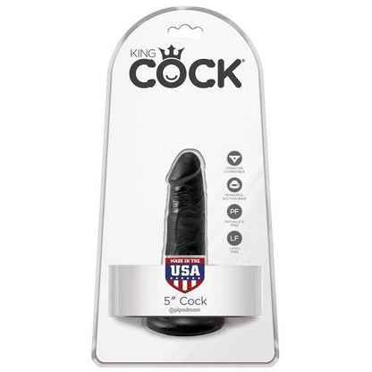 The Pipedream King Cock 5 Cock packaging showcases icons highlighting its realistic design and convenient suction cup base, with a Made in the USA badge displayed prominently on the front.