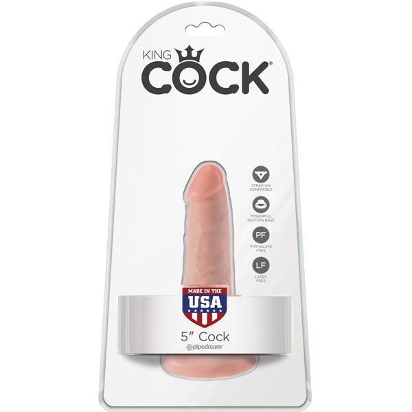 The Pipedream King Cock 5 Cock features a realistic pink skin tone, Made in the USA quality, and phthalate-free construction. Its packaging emphasizes a strong suction cup base for versatile use.