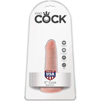 The Pipedream King Cock 5 Cock features a realistic pink skin tone, Made in the USA quality, and phthalate-free construction. Its packaging emphasizes a strong suction cup base for versatile use.
