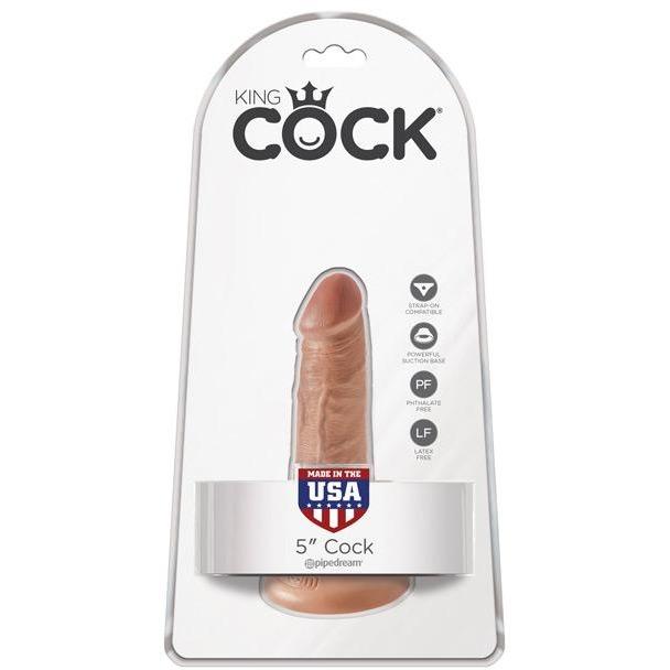The packaging of the Pipedream King Cock 5 Cock showcases its realistic design with a skin-like texture and flesh tone, made in the USA. Its phthalate-free, latex-free, and body-safe, with a secure suction cup base for versatile use.