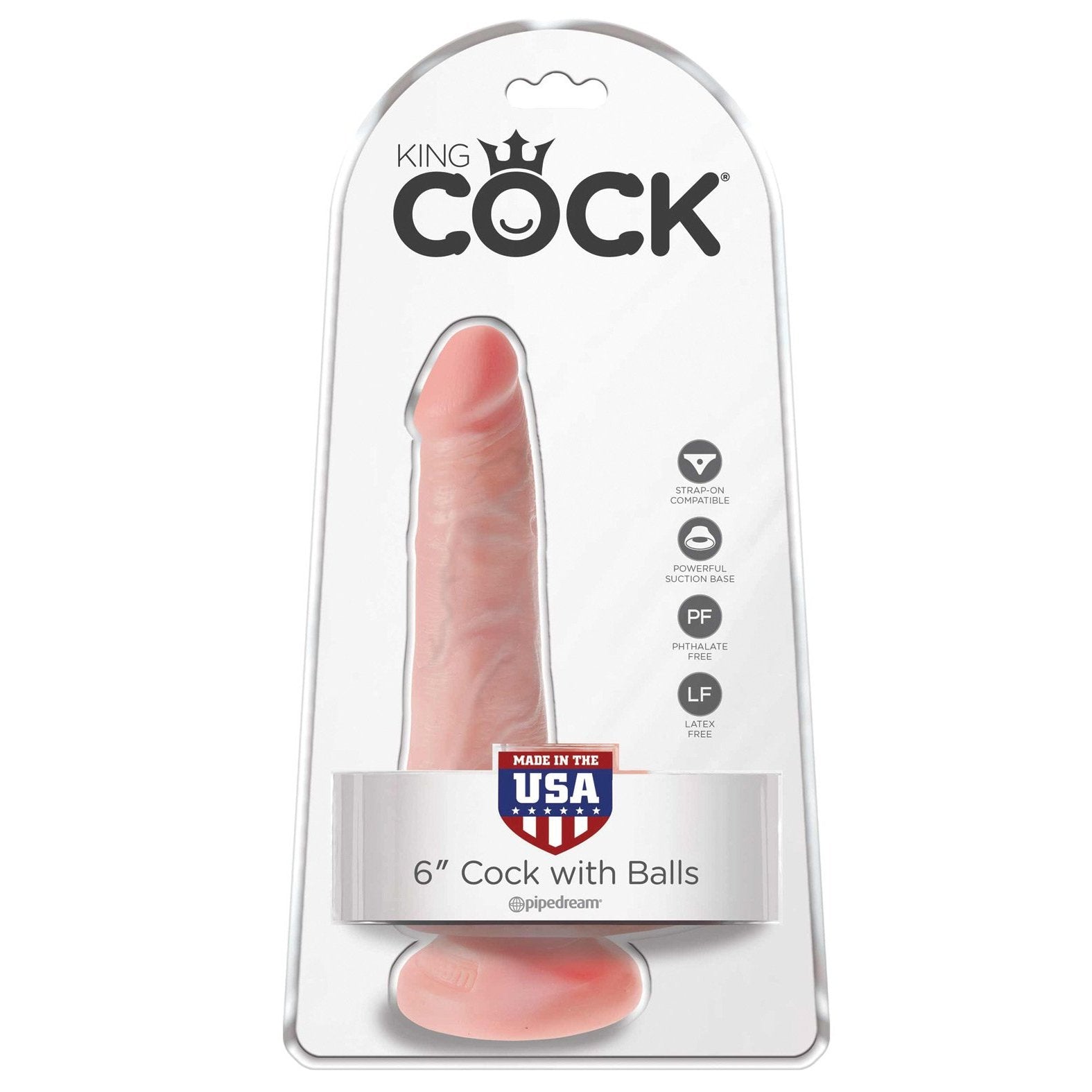 The transparent packaging of the King Cock 6 Cock with Balls features lifelike skin and a strong suction cup base. Made in the USA, this genuine piece is prominently displayed.
