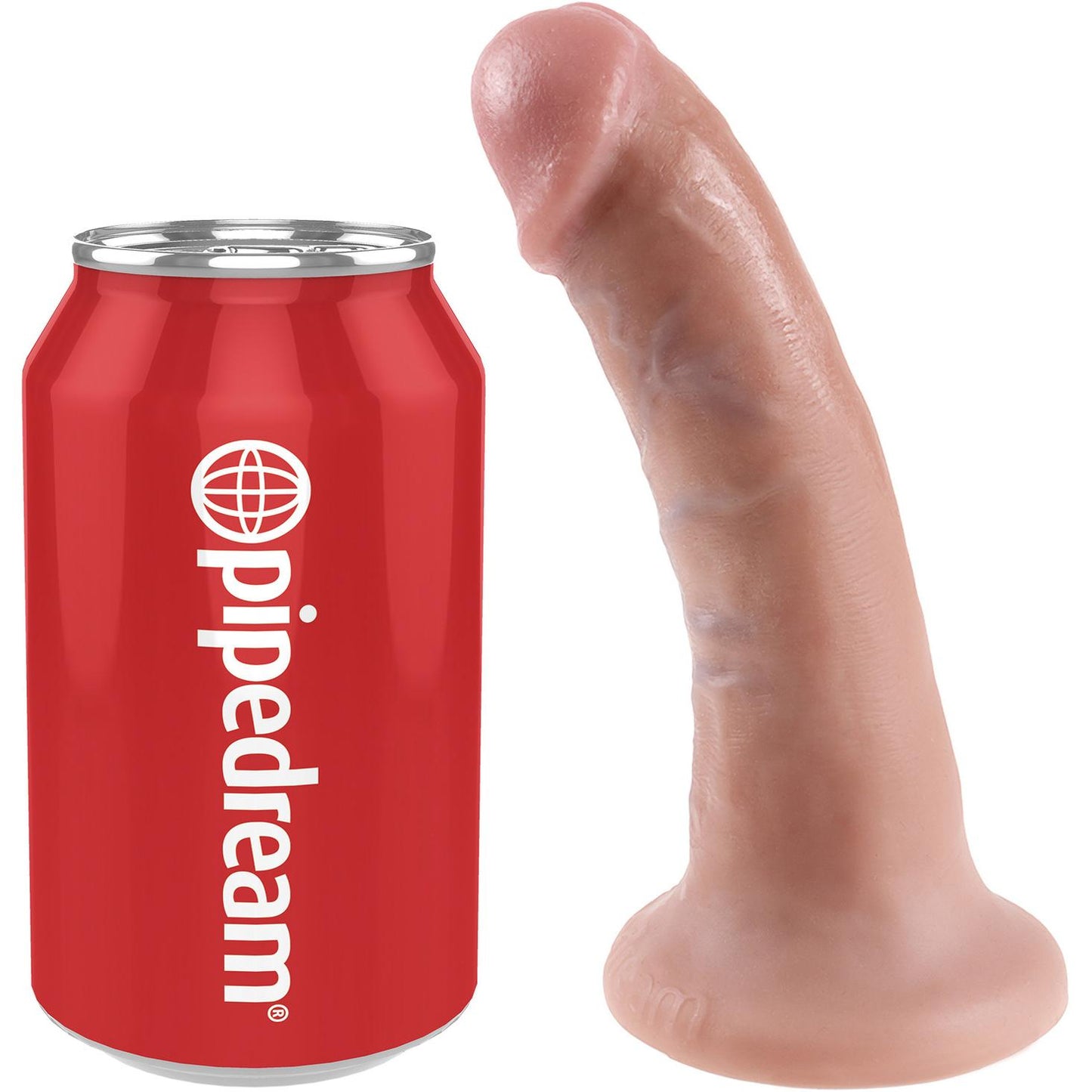 A King Cock 6 Realistic Gay Dildo by Pipedream with a suction cup base stands upright beside a standard-sized red soda can, highlighting its size.