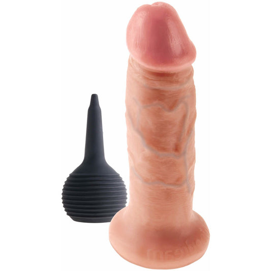 The King Cock 6 Squirting Realistic Dildo by Pipedream, featuring a silicone phallic shape and textured surface, is presented next to a black bulbous applicator.