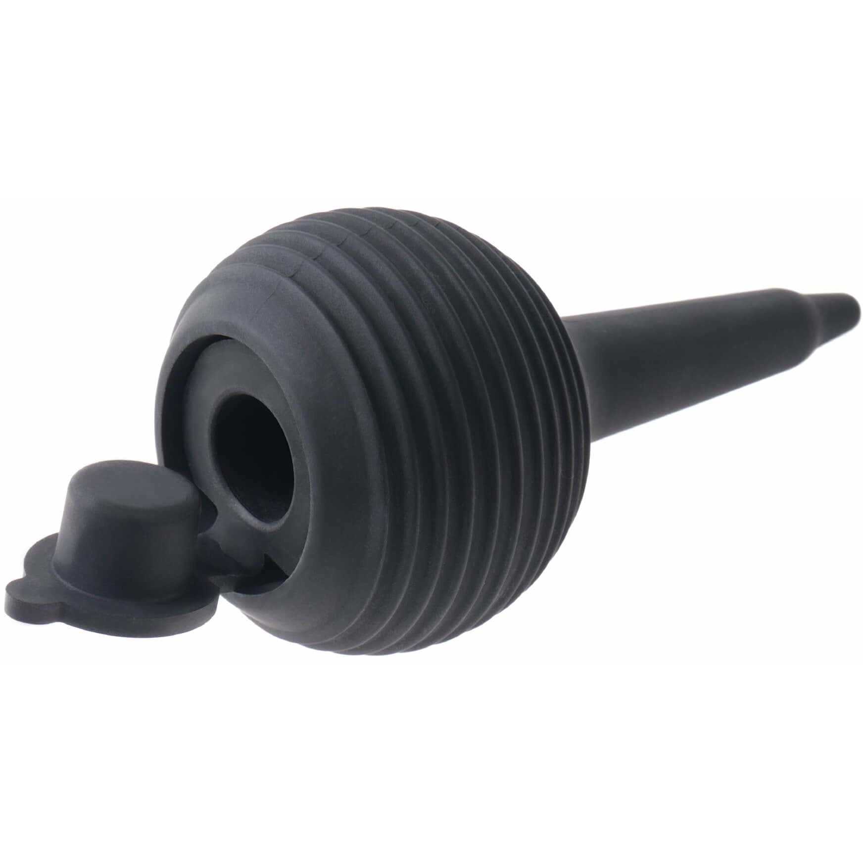 A black rubber ear syringe with a ribbed bulb and tapered tip, akin to Pipedreams King Cock 6 Squirting Realistic Dildo, features a removable cap on the side and is artfully displayed against a plain white background.