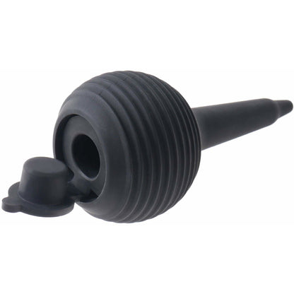 A black rubber ear syringe with a ribbed bulb and tapered tip, akin to Pipedreams King Cock 6 Squirting Realistic Dildo, features a removable cap on the side and is artfully displayed against a plain white background.