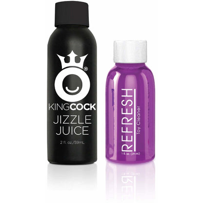 Displayed are two bottles: a 2 fl. oz. black King Cock Jizzle Juice and a 1 fl. oz. purple Refresh Toy Cleaner. Both feature unique logos and complement the Pipedream King Cock 6 Squirting Realistic Dildo experience with their distinct design styles.