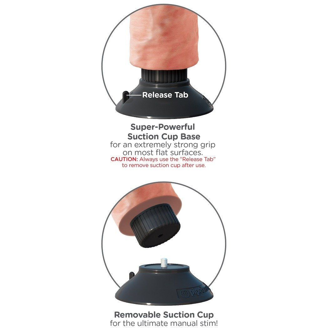 The King Cock 7 Vibrating Dildo features a suction cup base with a release tab, offering a strong grip on flat surfaces. The cup can be removed for manual use, enhancing its realistic design.