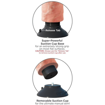 The King Cock 7 Vibrating Dildo features a suction cup base with a release tab, offering a strong grip on flat surfaces. The cup can be removed for manual use, enhancing its realistic design.