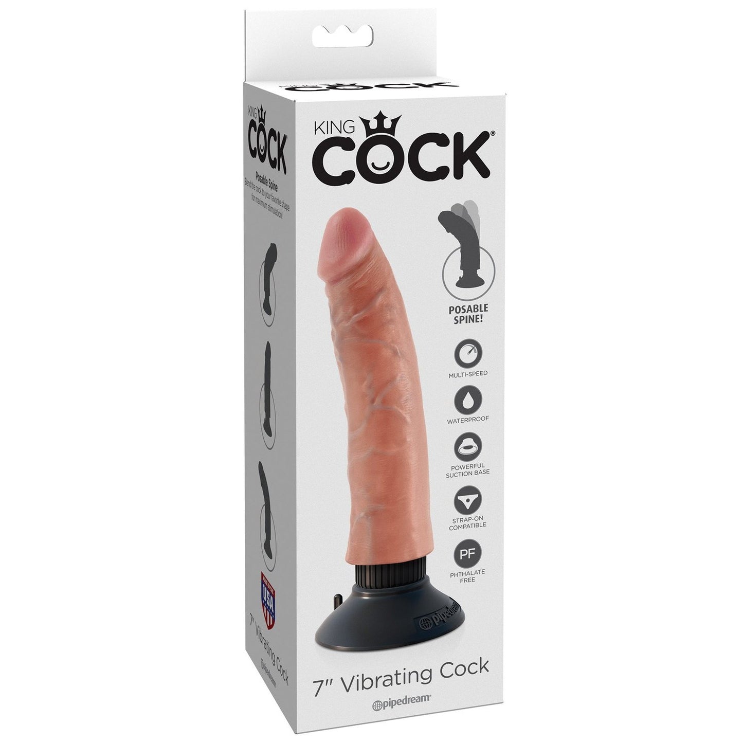 Box packaging of the King Cock 7 Vibrating Dildo features a realistic design with a suction cup base, posable spine, multi-speed vibrations, waterproof capability, and body-safe materials. The King Cock brand name is prominently displayed for an authentic experience.